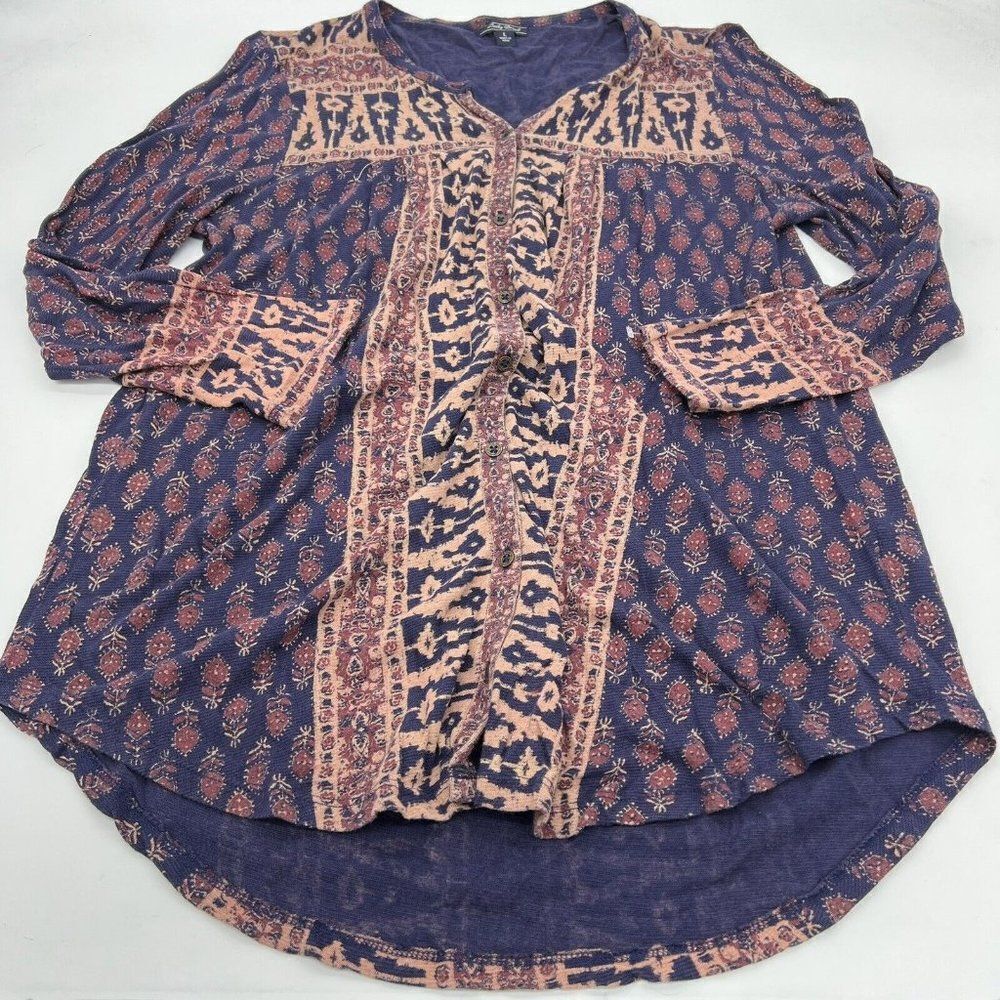 Lucky Brand large button front boho top tunic shirt India cotton viscose linen
